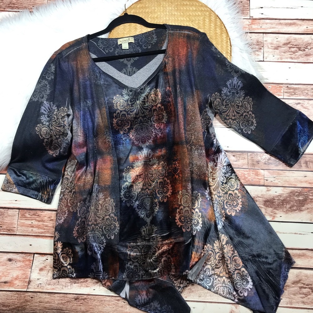 One world velvet boho printed shark bite hem blouse